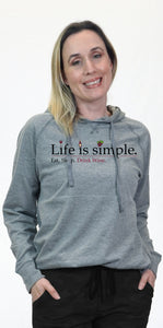 Photo of woman wearing Lightweight Hoodie with "Life is simple. Eat. Sleep. Drink Wine" design on the front